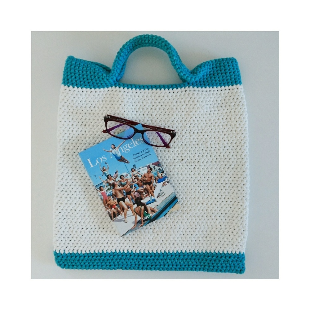 Crochet White and Turquoise Tota Bag